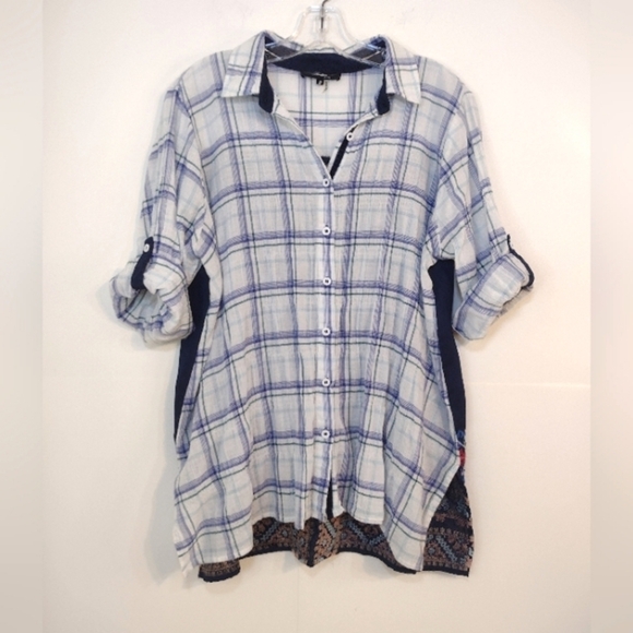 Andrée women's Plaid/embroidery top blue and white. Size (S) - Picture 2 of 12